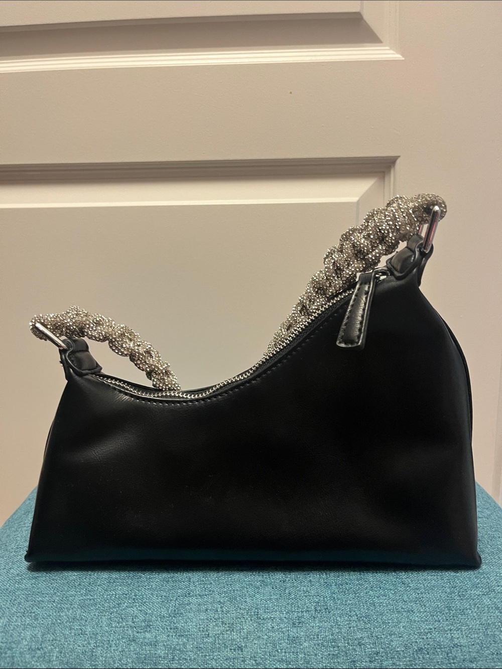 Madison West Black Shoulder Bag with Crystal Braided Handle